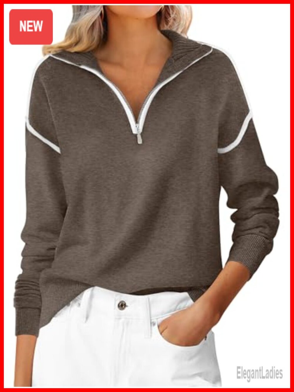 Quarter Zip Sweater Women Loose Fit V-Neck Pullover Casual Fall Winter Top